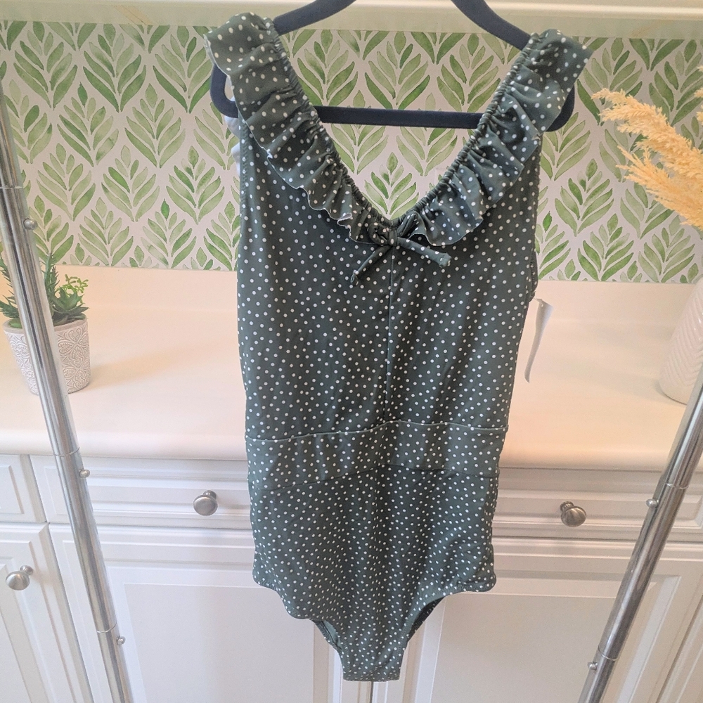 NWT H&M Girl's Green Ruffle Polka Dot One Piece Swimsuit 14 Year+